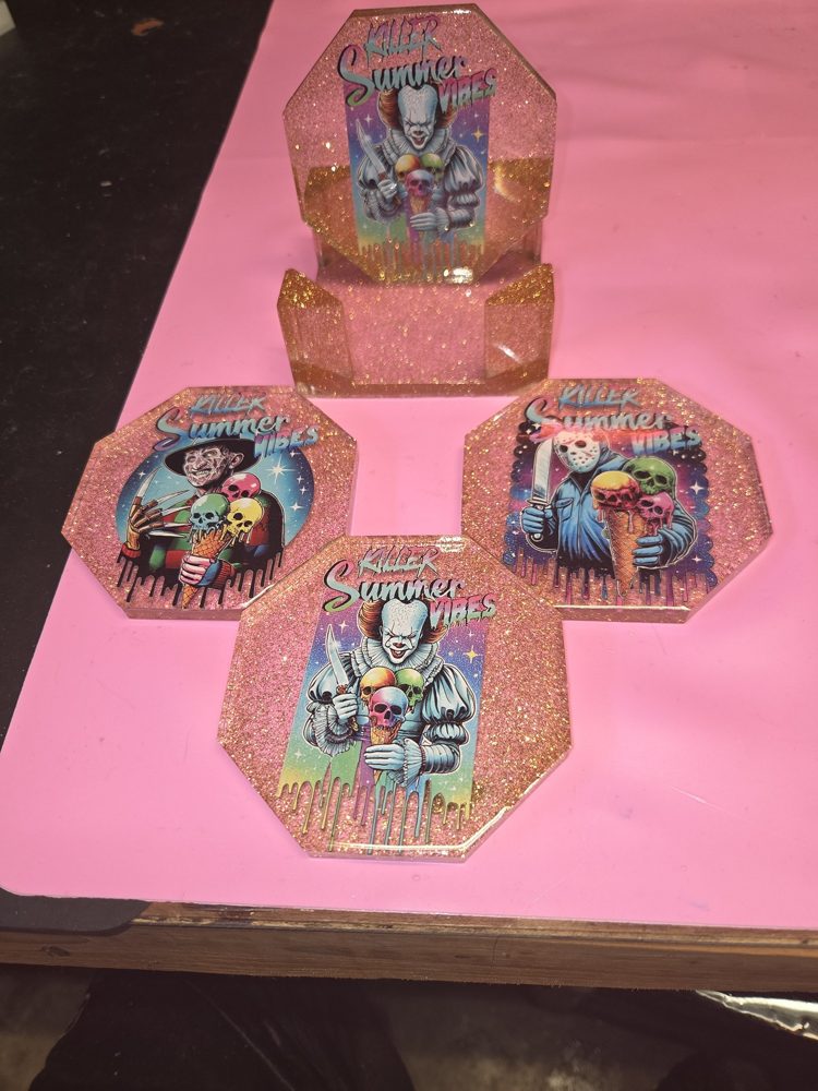 Killer Summer Vibes horror coaster set with matching holder