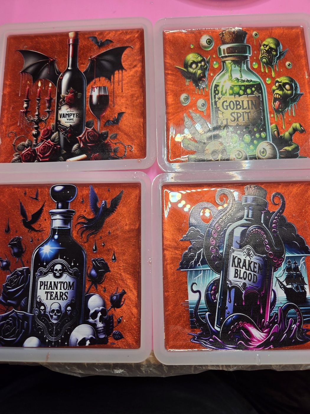 Holiday potion-bottle coaster set
