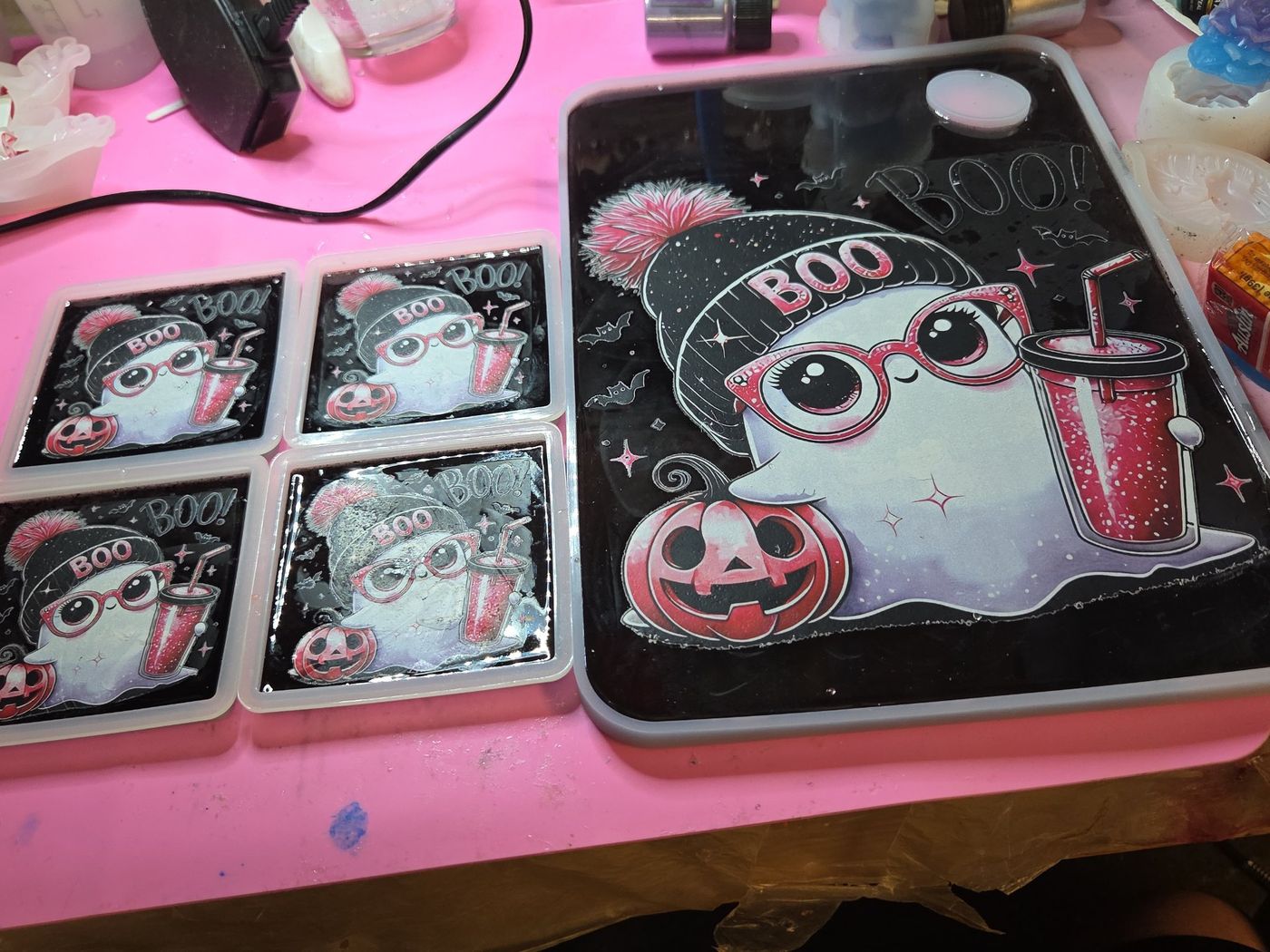 Holiday ghost coaster set with matching serving board