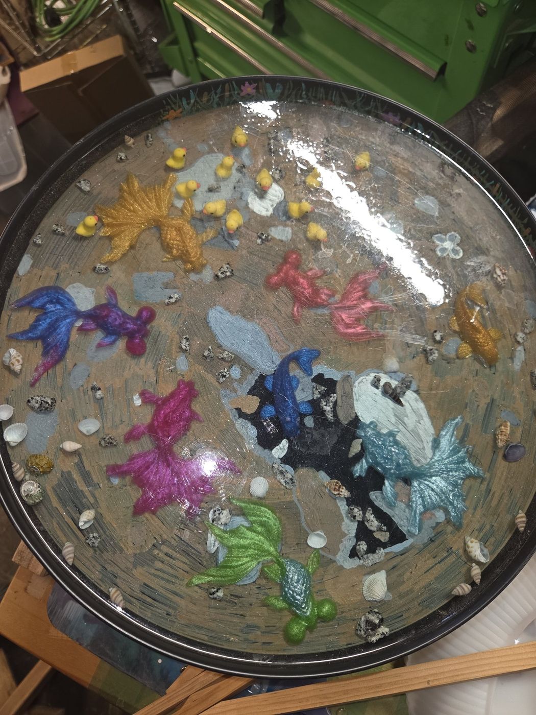 Koi pond resin side table — colorful koi, ducks, and shells