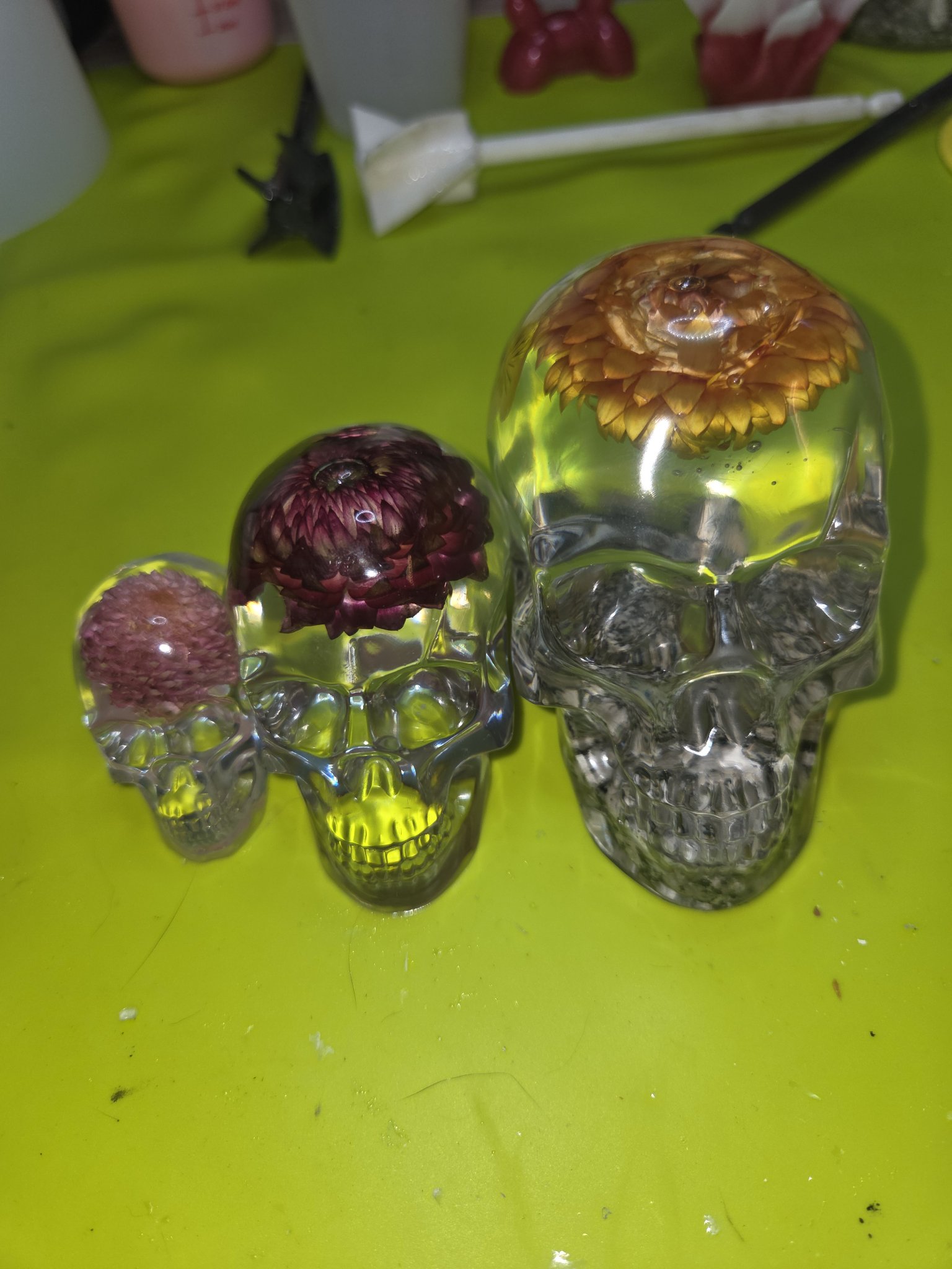 Three clear resin skulls filled with dried flowers
