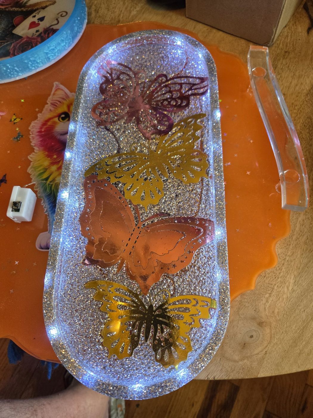 Large glitter tray with metallic butterflies