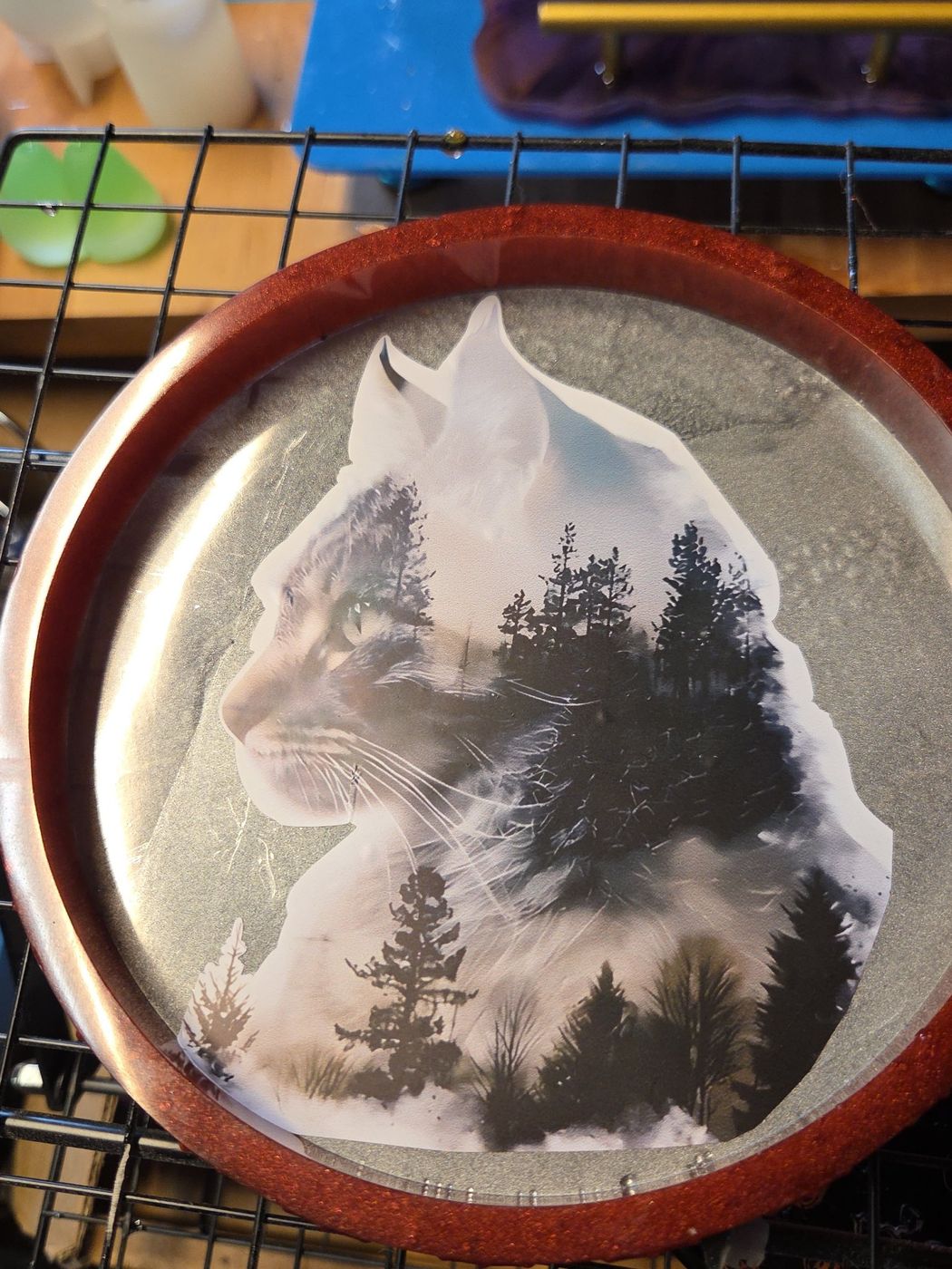 Round tray with cat and forest double-exposure art