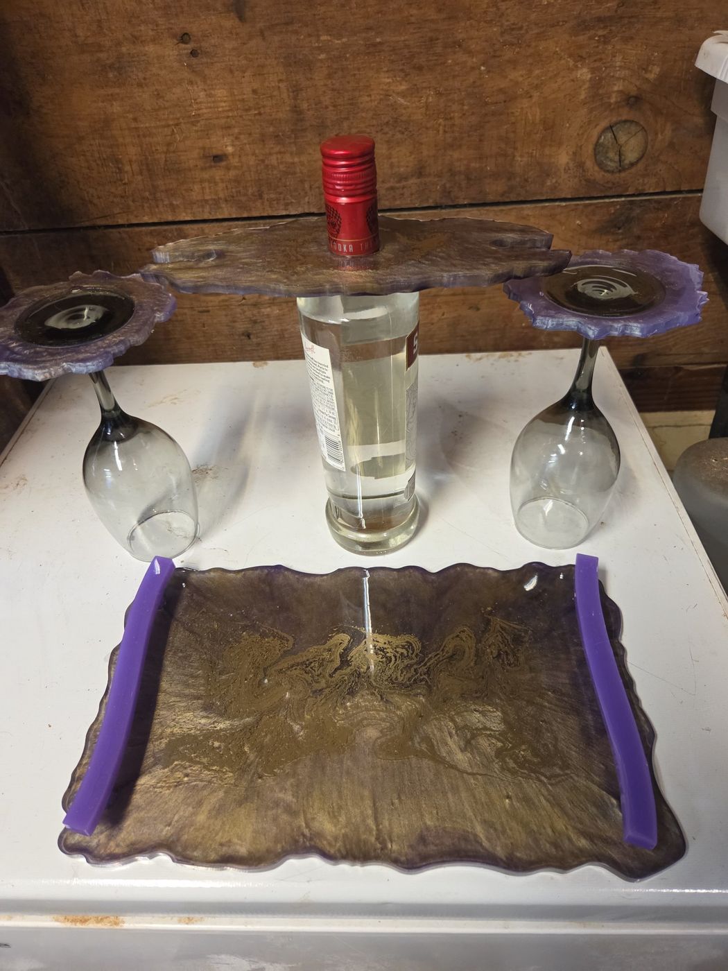 Wine holder and tray set in smoky purple with gold swirl